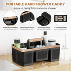 BYUNER Plastic Shower Caddy Dorm: Portable Hard Shower Basket with Handle, 4 Divided Compartments, All-Side Drainage, Bathroom & Cleaning Caddy for College Dorm Room Essentials, Black/wood grain - Image 8