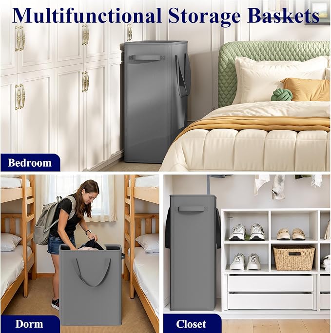 Optish 75L Slim Laundry Hamper, Large Laundry Basket With Handles, Narrow Laundry Basket for Dorm, Bedroom, Living Room, Collapsible Laundry Hamper, Grey - Image 6