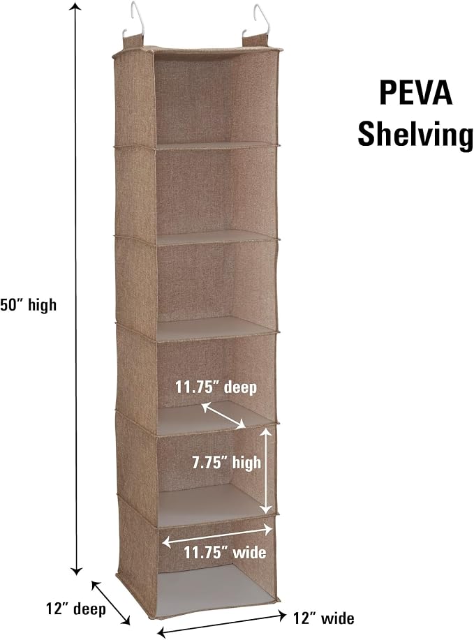 Household Essentials 6 Shelf Hanging Closet Organizer, Hanging Closet Shelf, Fabric Poly Linen and PEVA Shelving, Beige - Image 3