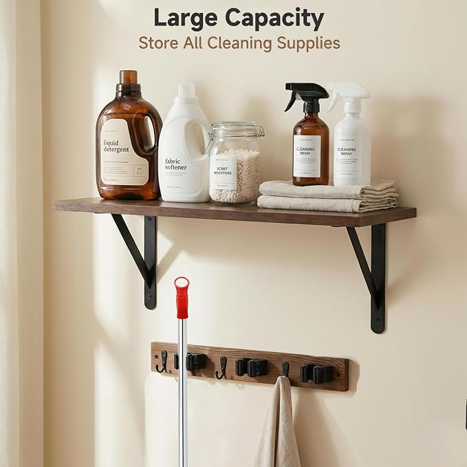 Wooden Broom Holder Wall Mount with Hooks and Shelf Mop Hangers Storage Rack with Cleaning Supplies Organizer Farmhouse Garage Laundry Room Wood Shelf (Brown, 1) - Image 5