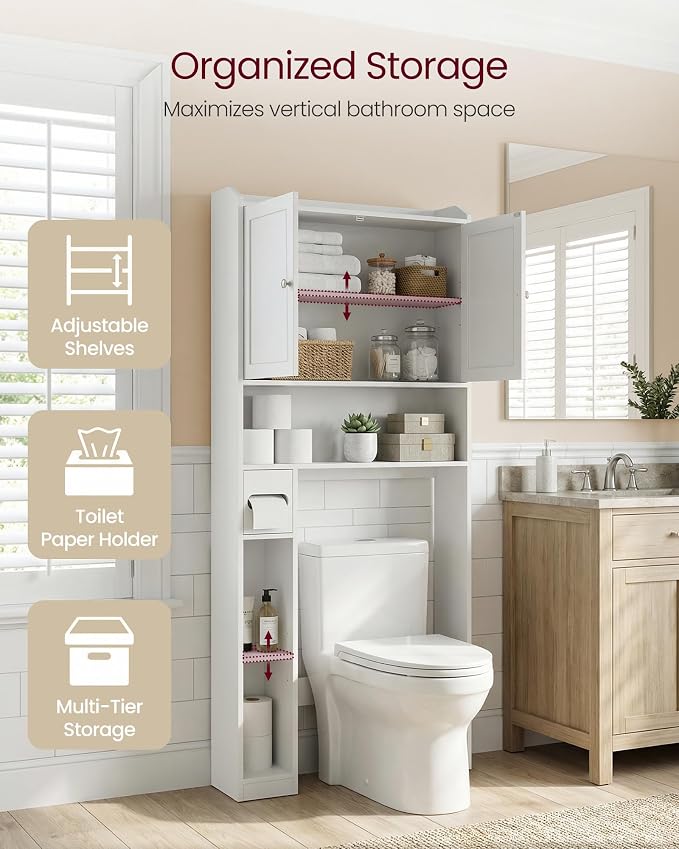 VASAGLE Over the Toilet Storage Cabinet, Doors, Adjustable Shelves, 31.1''W - Image 4