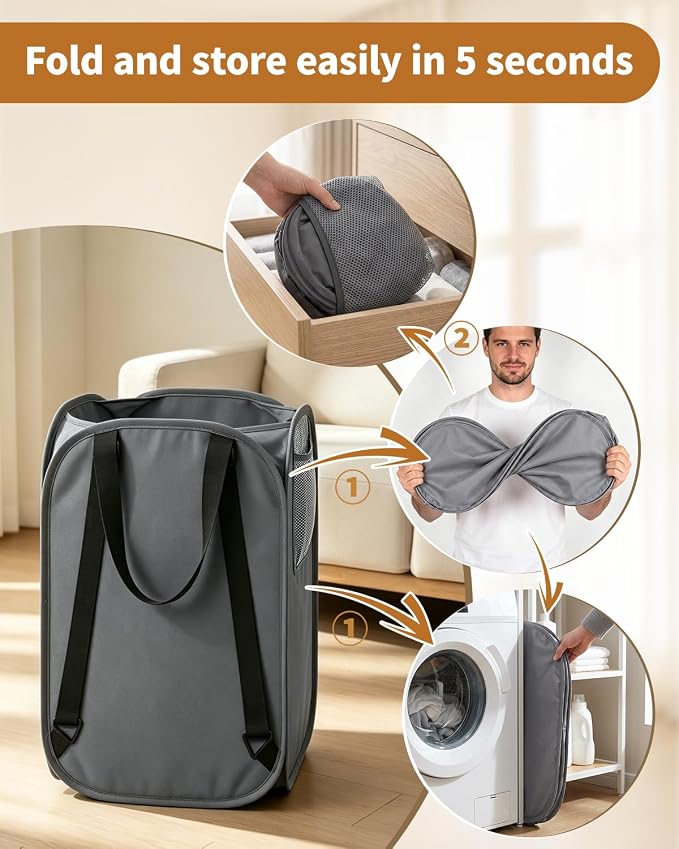House Again 76L Laundry Backpack, 210D Oxford Heavy Duty Laundry Bag Backpack with Adjustable Shoulder Straps, Foldable Laundry Bag for College Dorm and Travel, Grey - Image 7