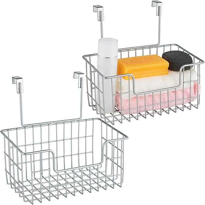 JUNCHU CHERRY Wire Hanging Storage Basket 2 Packs, Wall Mounted Kitchen Bathroom Storage Basket, Multi-Functional, No Punching, Strong Bearing, Chrome by JUNCHUCHERRY