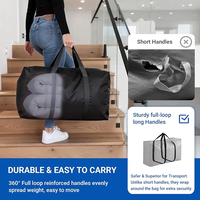 Extra Large Moving Bags, 2 Pack Black Oversized Storage Totes with Strong Zipper & Reinforced Full Loop Handles, Collapsible Storage Bags for Space Saving, for King/Queen Comforter, Blankets & Clothes - Image 3