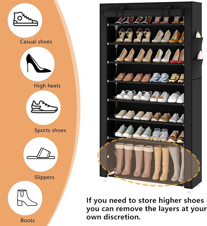 Laiensia 9-Tier Vertical Shoe Rack Organizer, Space Saving Shoe Storage Organizer, Non-Woven Cover Shoe Shelf Holds 36-45 Pairs for Bedroom, Hallway, Closet Entryway, Black - Image 7