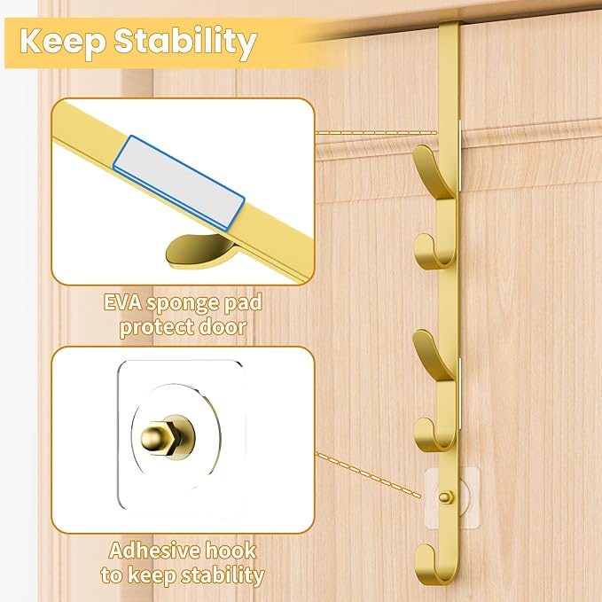 Kaiferty Over the Door Hooks, Metal Door Hooks for Hanging, Over the Door Purse Organizer for Door Coat Hanger, Back of Shower for Hanging Towel Rack Clothes, Hat, Bathroom, Closet (Gold-2Packs) - Image 5