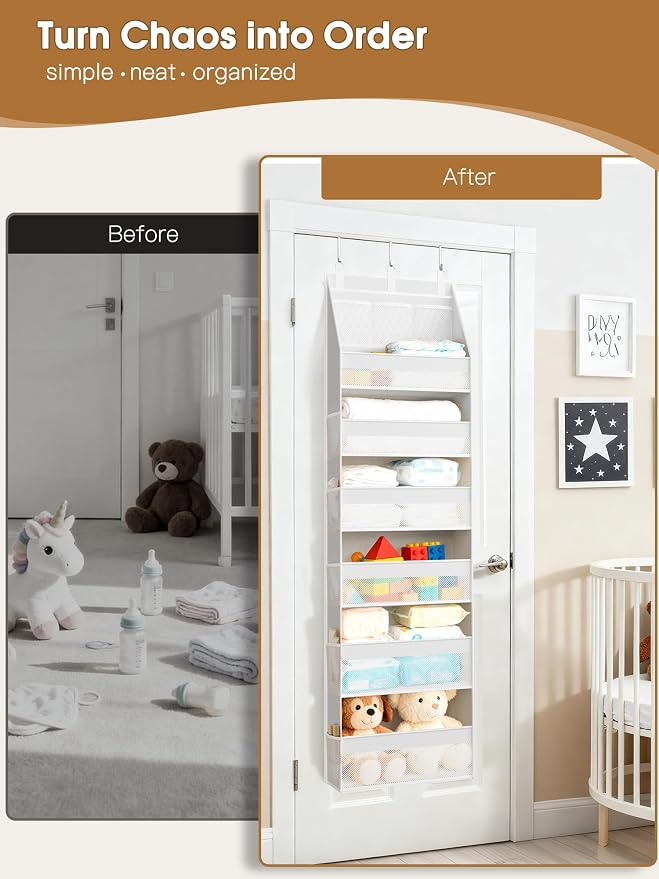 Criusia Over the Door Organizer, Heavy-Duty 6-Shelf Hanging Storage with 13 Mesh Pockets, 55lbs Capacity Behind the Door Storage for Nursery, Bathroom, Bedroom, and Dorm, White - Image 2