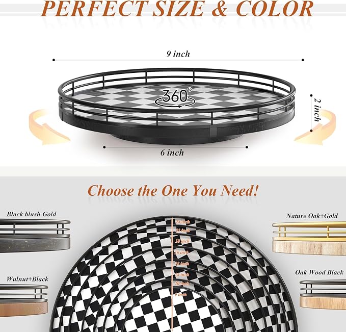 AMH 9-Inch Black and White Checkerboard Lazy Susan with Oak Base - Image 6