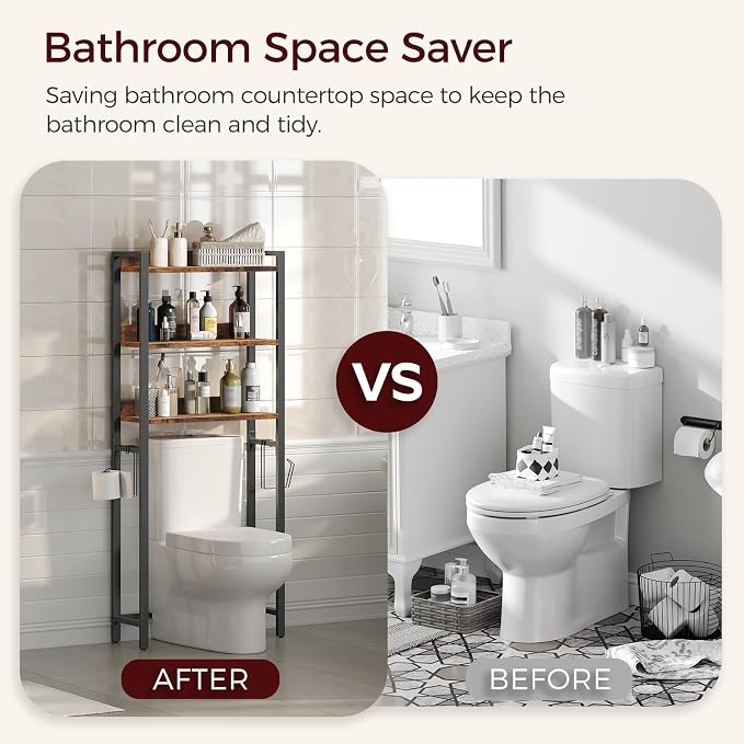 MAHANCRIS Over The Toilet Storage Rack, 3 Tier Bathroom Organizer Over Toilet, Freestanding Space Saver Toilet Stand with 2 Hooks, Bathroom Storage Shelf, Easy to Assemble, Rustic Brown TSHR6001 - Image 6