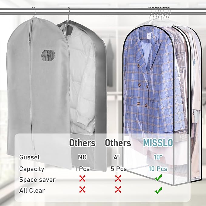 MISSLO 10" Gusseted All Clear Garment Bags for Hanging Clothes 40"+50" Suit Bags for Closet Storage Dresses Protectors for Shirts, Coats, Gowns, 3 Packs - Image 3