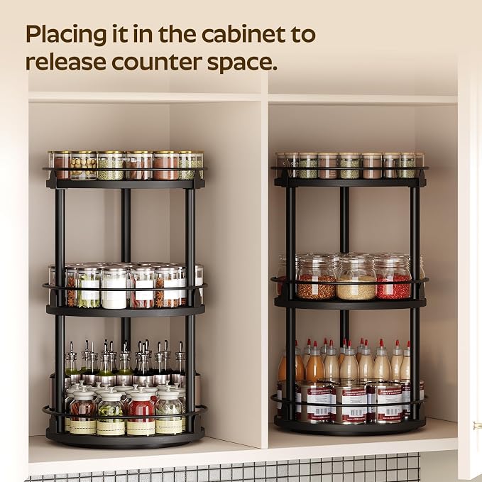 YATINEY 3-Tier Lazy Susan Organizer, Rotating Spice Rack, Spinning Organizer, Industrial Turntable Spice Rack Organizer for Cabinet, Kitchen Countertop, Pantry, Black SR23BK - Image 3