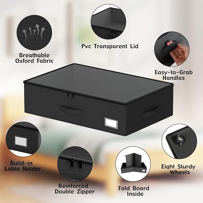 EE-RoomWorld Underbed Storage Bins with Wheels, No Assembly Required - 7.5 inch height Black Large Capacity Rolling Underbed Containers for Shoes, Dorm under bed storage drawers - Image 4