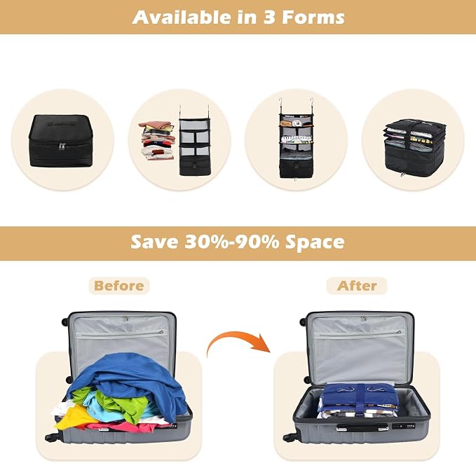 Surblue Hanging Closet Storage Bag Collapsible 3-Shelf Washable Oxford Fabric with 2 Hooks (L 11.41 * 11.41 * 19.68in, Black) - Image 3