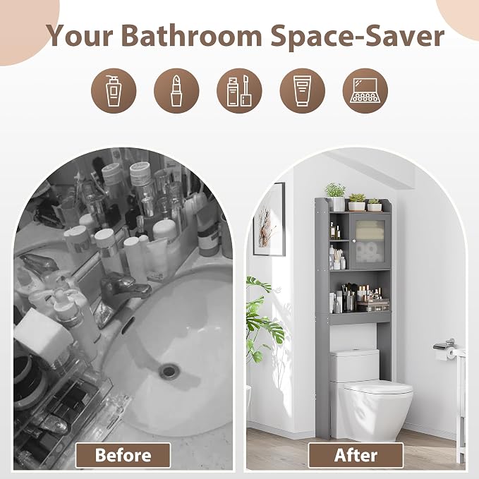 ZenStyle Over The Toilet Cabinet Double Door Wood Bathroom Storage Organizer with Adjustable Shelves, Cubby and Tempered Glass Door (Grey) - Image 5