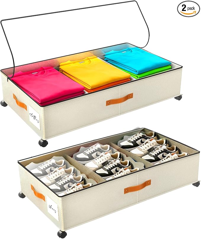Under Bed Storage with Wheels, Rolling Storage Containers with Clear Lid and Handles for Clothes, Shoes, Blankets, Pillows, Toys, Books, Bags (60L, 30.9 x 16.9 x 6.7in, Beige, 2 Pack) by BEABOY