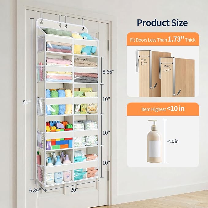 Yecaye Over The Door Organizer, 5 Tier Extra Large Behind Door Storage of 10 Compartments, 80lbs Heavy Duty Door Organizer Hanging with Clear Window for Closet Bedroom Pantry Bathroom, Beige - Image 2