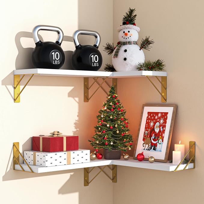 BAYKA Wall Shelves for Bedroom Decor, Wood, White and Gold, Set of 4, 16in - Image 9