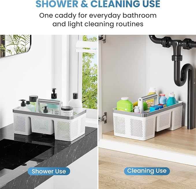BYUNER Plastic Shower Caddy Dorm: Portable Shower Basket Tote with Handle, 4 Compartments, All-Side Drainage, Hard Bathroom & Cleaning Caddy Organizer for college Dorm Room Essentials, White/Silver - Image 2