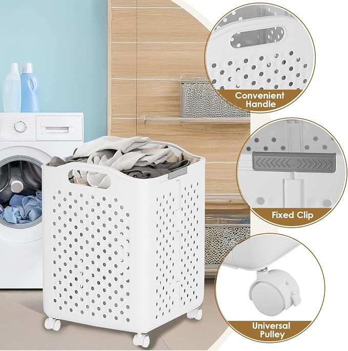 57L Foldable Collapsible Laundry Basket, with Wheels+Handles(Cream White) - Image 8