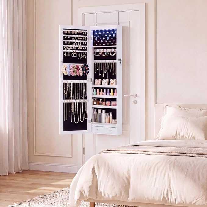 DUMOS 6 LEDs Mirror Jewelry Cabinet, Wall or Door Mounted Jewelry Organizer, 47.2-Inch Tall Lockable Large Capacity Cosmetic Storage, Gift Idea, White - Image 7