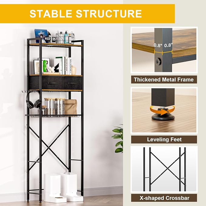 Over The Toilet Storage with Adjustable Wooden Shelves and 2 Fabric Drawers, 4-Tier Over Toilet Bathroom Organizer, Small Freestanding Storage Shelf for Toilet Paper, Towels, Toiletries - Image 6