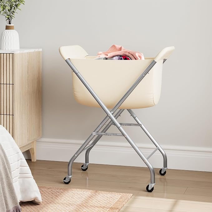 ELYKEN Laundry Basket with Wheels, Collapsible Laundry Hamper, Cream - Image 8