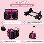 Cleaning Caddy with Wheels, Rolling Cleaning Supplies Organizer with Bottom Board, Dividers & Shoulder Strap, Portable Utility Tote with Small Trolley, Rose Pink - Image 5