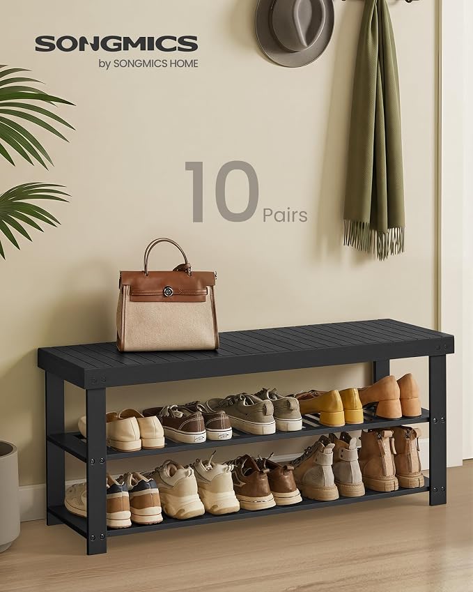 SONGMICS Shoe Rack Bench, 3-Tier Bamboo Entryway Bench, 42.9 Inches Width | Shoe Storage Organizer, Holds Up to 286 lb, Ink Black, BAMBOU Collection ULBS110B101 - Image 3