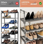 LANTEFUL 3 Tier Shoe Rack for Closet, Shoe Organizer with 5 Hooks, Long Shoe Shelf Storage for Shoe and Boot Stackable Free Standing Shoe Rack for Entryway, Garage, Small Spaces, Dorm, Grey - Image 6