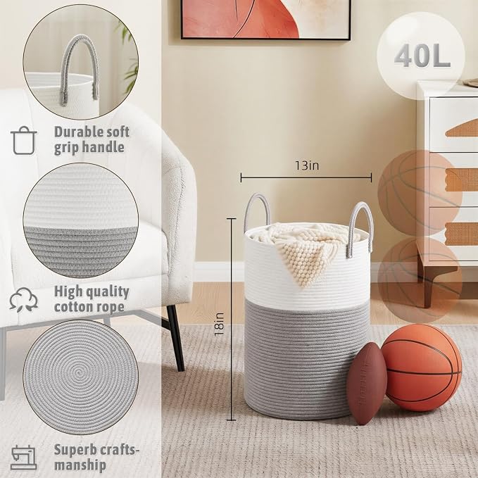 Artfeel Laundry Basket,Woven Cotton Rope Laundry Hamper,40L for Decorative Storage of Dirty Clothes,Toys and Blankets in Bathroom,Baby Room and Living Room - Image 6