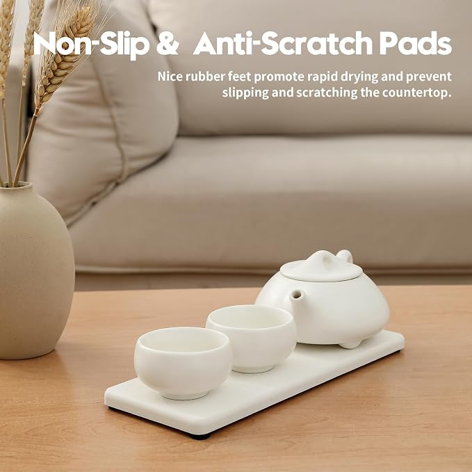 2PCS 10"x 5" Large Bathroom Sink Vanity Trays, Water Absorbing Diatomite Stone Quick Drying Mat for Kitchen Counter, Dish Rack Dispensers Sponge Holder Caddy Organizer, White, 10"x 5" - Image 6