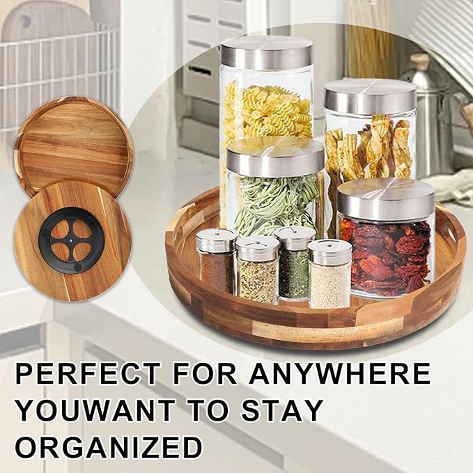 Acacia Wooden Lazy Susan for Table Top-12 Inch Wooden Lazy Susan Turntable with Double Handle-Large Acacia Wooden-Spice Organizer for Countertop, Table, Cabinet - Image 3