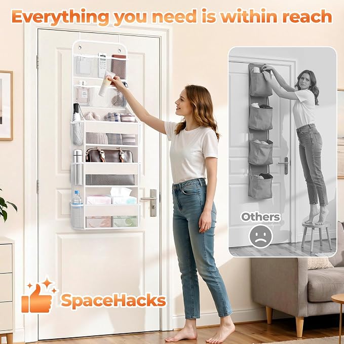 SpaceHacks 5-Tier Over the Door Organizer with Mesh Pockets, Baby Nursery Storage for Closet, Bathroom and Bedroom, Adjustable Hanging Closet Organizer for Cosmetics, Books and Essentials (Beige) - Image 6