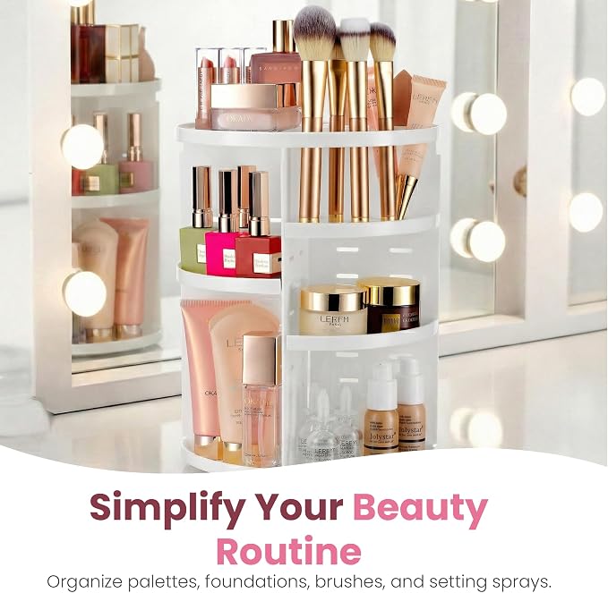 Masirs 360 Rotating Makeup Organizer Countertop, Adjustable Shelf, White - Image 7