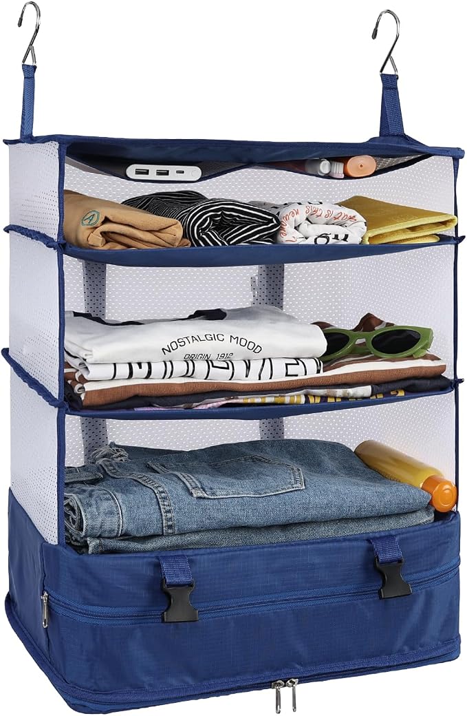 Surblue Hanging Closet Storage Bag Collapsible 3-Shelf Washable Oxford Fabric with 2 Hooks (XL 17.71 * 11.81 * 20in, Blue) by SURBLUE