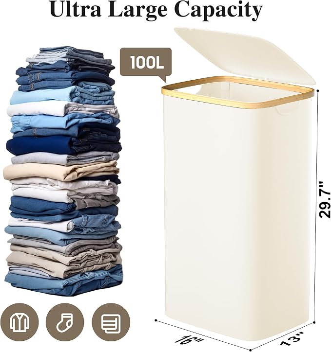 Foluck Large Laundry Hamper, 100L Waterproof Laundry Basket with Lid and Removable Bag, Collapsible Tall Clothes Hamper with Bamboo Handles for Clothes Toys in Dorm Bedroom Bathroom, Beige, ZYL101-W - Image 2