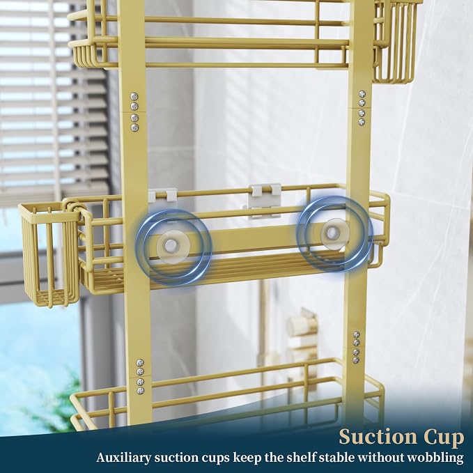 Consumest Over The Door Shower Caddy - 5 Tier Adjustable Shower Organizer Hanging with 2 Toothbrush Holders & 4 Hooks, Rustproof Organizer Shelf, Storage Rack for Bathroom, Gold - Image 5
