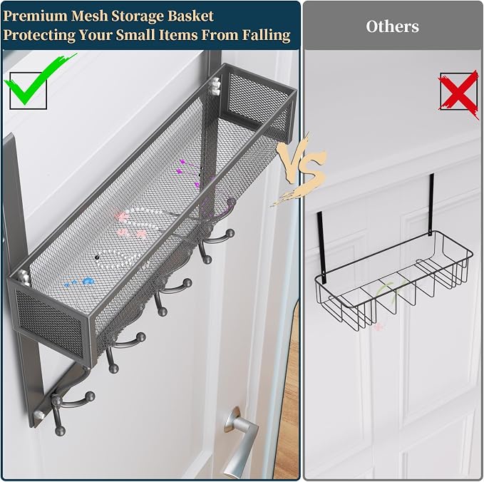 Consumest Over The Door Hooks Organizer - 2 Tier Over Door Hanger with 16 Hooks & 2 Baskets for Hanging Coat, Clothing, Towel, Back Storage for Bathroom, Closet, College Dorm, Grey - Image 4