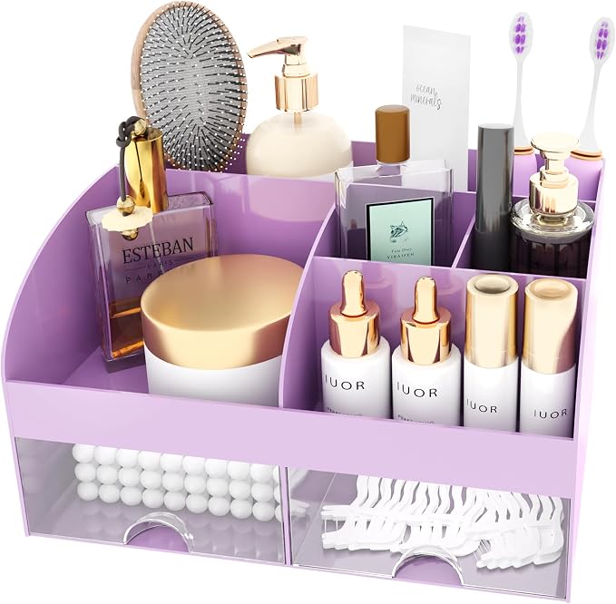 Makeup Organizer with Drawers, Cosmetic Storage for Dresser Vanity and Bathroom Countertop, Beauty Holder for Lipstick Brush, Skincare Organizer for Vanity, Cosmetic Display Case (Purple) - Image 2