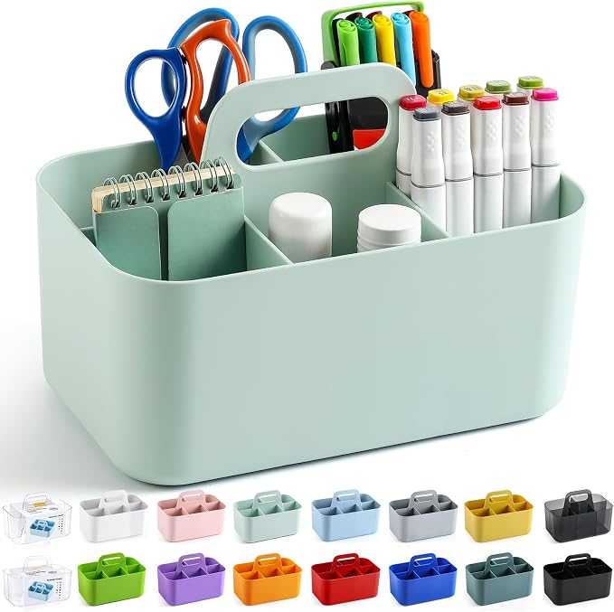 Multiuse Caddy Organizer with Handle, Portable Divided Plastic Tote Bin - Art Craft, Stationary Pen Marker Crayons, Makeup Hair Supplies Storage - Bathroom, Classroom, Dorm, Office, Desk Holder - Mint by AOZITA