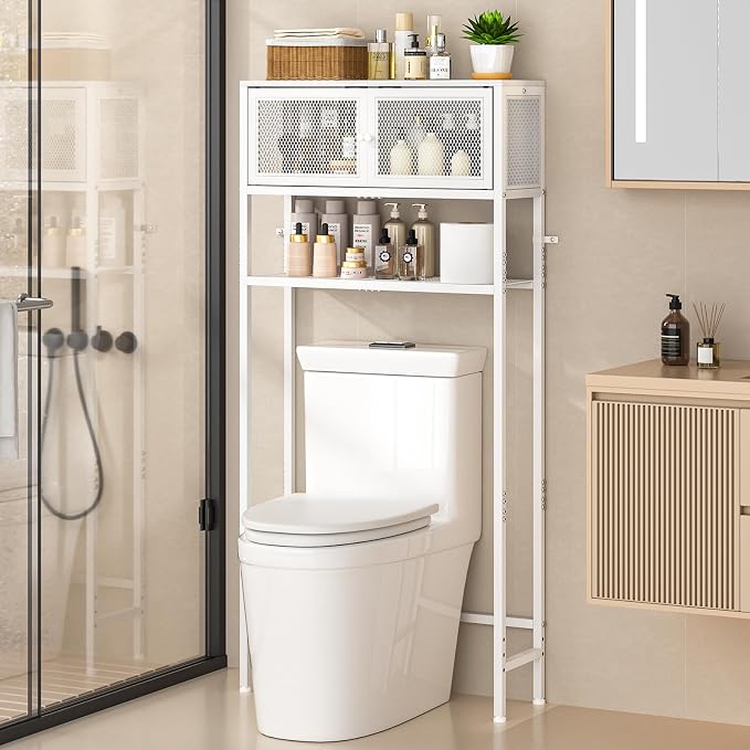 ThreeHio Over the Toilet Storage Cabinet with Doors, Bathroom Organizer Shelf Above Toilet, Bathroom Storage Cabinet Over Toilet, Freestanding Space Saver Metal Shelves for Small Space, White by ThreeHio