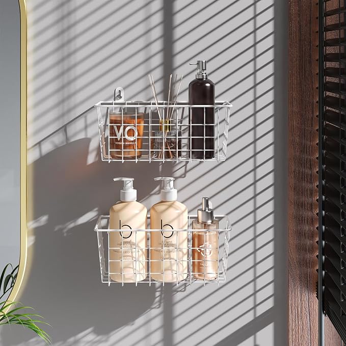 MaraFansie Hanging Wire Baskets Kitchen Storage Basket Adhesive and Screws Basket Over the Cabinet Door Organizer with Adhesive Strips and Screws Accessories, 2 Installations, 2 Pack, White - Image 4