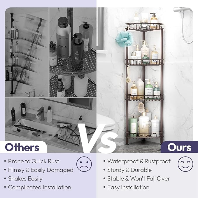 SWTYMIKI Standing Shower Caddy Corner - 4‑Tier Stainless Steel Shower Organizer Shelf with 12 Hooks and Adhesive Pads, Rustproof Corner Shelves Stand Rack for Bathroom Shower Room, Bronze - Image 2
