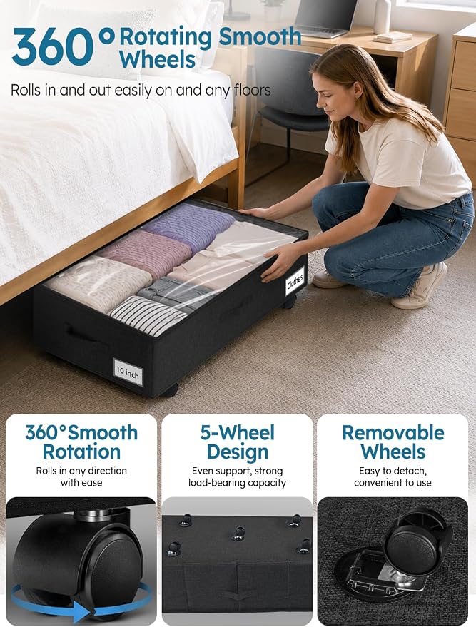 10-in 75L Low Profile Under Bed Storage with Wheels, 2 Pack,Black | 5 Rotating Wheels, Large Clear lid, Rigid Sides & Bottom, Low Space Storage, Under Bed, Couch, Crib, Dorm Organization - Image 3