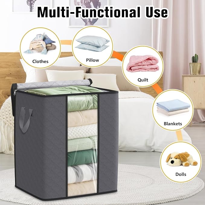SpaceTrove Clothes Storage Bags, 8-Pack Comforter Blanket Organizers, 80L Large Capacity Containers with Visual Window for Clothing, Quilt, Sheet, Pillow, Closet Organization for Bedding (Grey) - Image 5