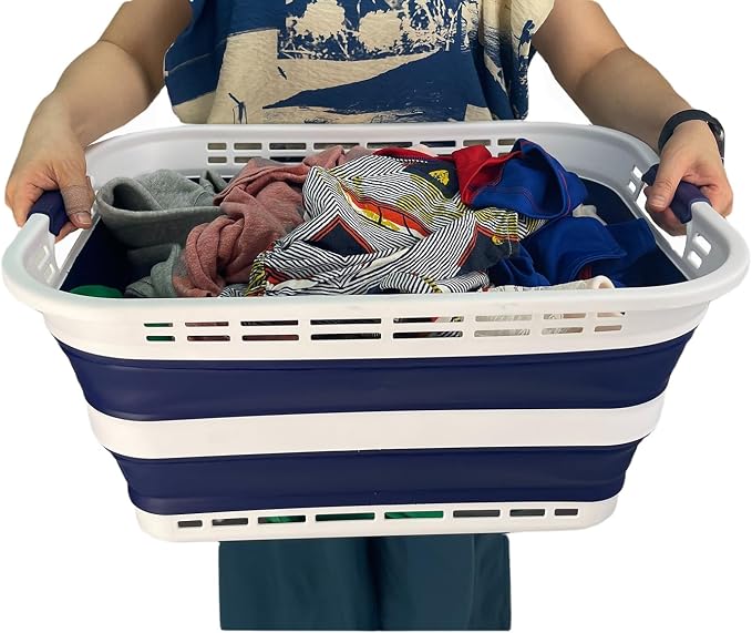 SAMMART 42L (11 Gallons) Collapsible Plastic Laundry Basket - Foldable Pop Up Storage Container/Organizer - Portable Washing Tub - Space Saving Hamper/Basket [BPA Free] (White/Starry Blue) - Image 6