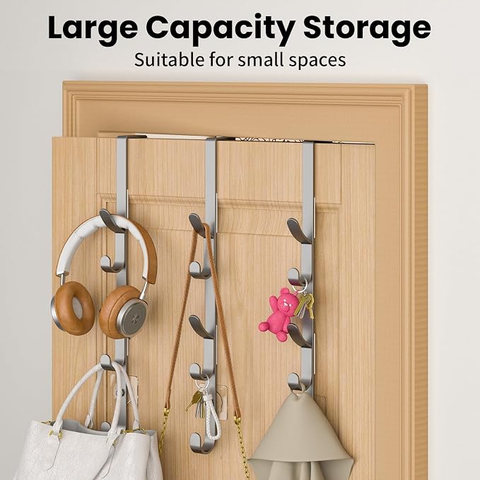Kaiferty Over The Door Hooks, Metal Door Hooks for Hanging, Over The Door Purse Organizer for Door Coat Hanger, Back of Shower for Hanging Towel Rack Clothes, Hat, Bathroom, Closet (Silver-3Packs) - Image 3