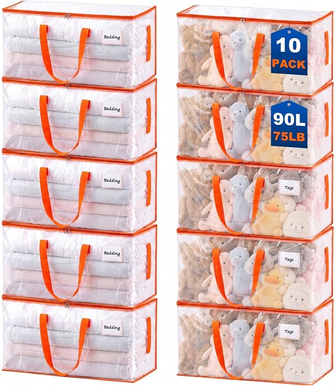KYODOLED 10-Pack Clear Moving Bags Heavy Duty Extra Large, Storage Totes | Transparent, Reinforced Handles & Strong Zippers, Label Pocket, for College Dorm, Clothes, Bedding, Toys, Space-Saving by KYODOLED