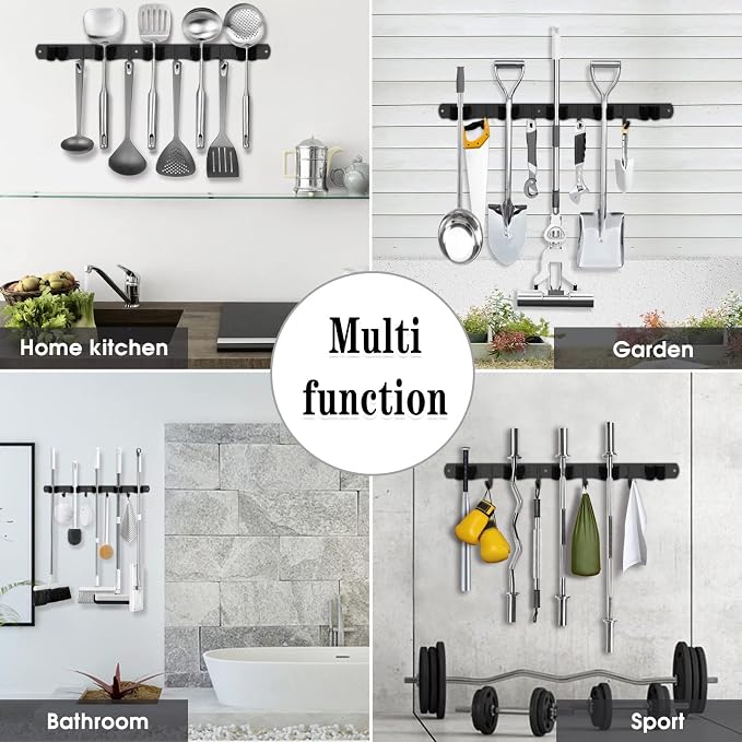2 Pack Black Broom Holder Wall Mount, 5 Racks 4 Hooks Mop and Broom Holder - Image 7