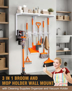 Large Broom Holder Wall Mount with Shelf, Vacuum Organizer, 5 Slots 5 Hooks - Image 2